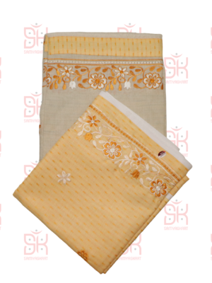 SAMYAG JAIN UPKARAN BHANDAR PRESENTS All new bombay cotton embroidery work contrast dhoties ⭐️ Material - 100% pure linen cotton Creme color Dhoti with contrast khes 😍 Dhoti 4 Mtrs khes 2.75 Mtrs Available at wholesale rate Order now 💯