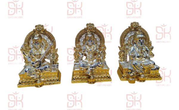 SAMYAG JAIN UPKARAN BHANDAR PRESENTS DIWALI SPECIAL LAKSHMI DEVI SARASWATI DEVI GANPATI BAPA COMBO MADE WITH IMPORTED METAL MADE WITH HEAVY MATERIAL BEST QUALITY BEST FOR GIFTING BEST FOR NEW HOME BEST FOR YOUR PERSONAL MANDIR BOOK FAST SIZE - 5 inch total with singhasan 4 inch pratima ji size